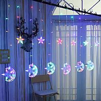 Χριστουγεννιάτικη LED Κουρτίνα Ασύμμετρη  Αστέρια - Φεγγάρια σε Λευκό Θερμό