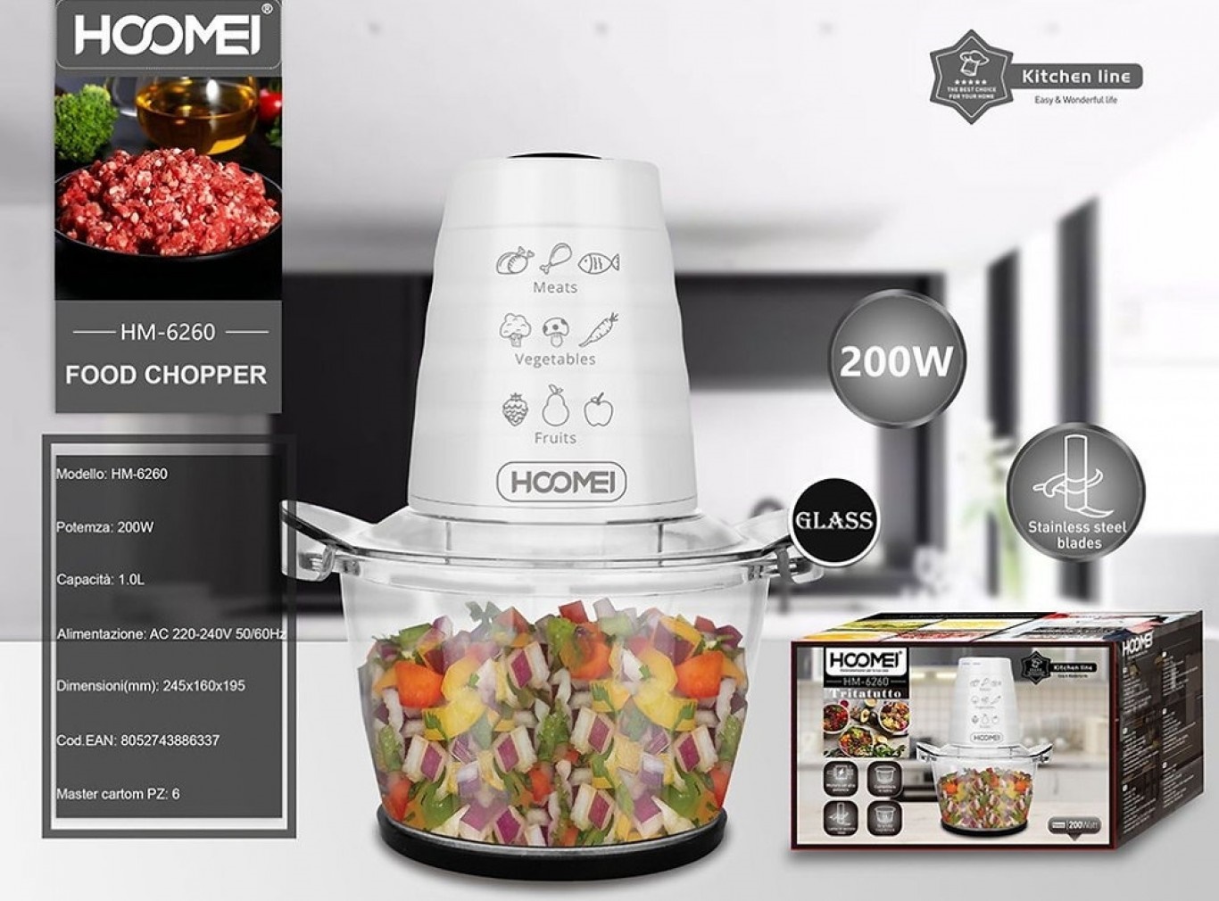 Multi - ΠολυκόΦτης Hoomei HM-6260 200W με Λεπίδες από Ανοξείδωτο Ατσάλι και Δοχείο 1.0 LT