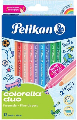 Pelikan Colorella Duo Μαρκαδόροι Ζωγραφικής Λεπτοί με Διπλή Μύτη σε 12 Χρώματα 
