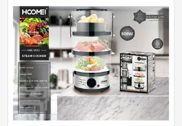 Ατμομάγειρας με 3 Επίπεδα Μαγειρέματος 7.5lt 500W Hoomei ΗΜ-5932 Inox/Μαύρο